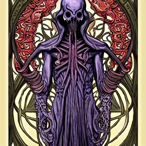 Image similar to undead ilithid mindflayer dracolich, Dungeons & Dragons, art nouveau,