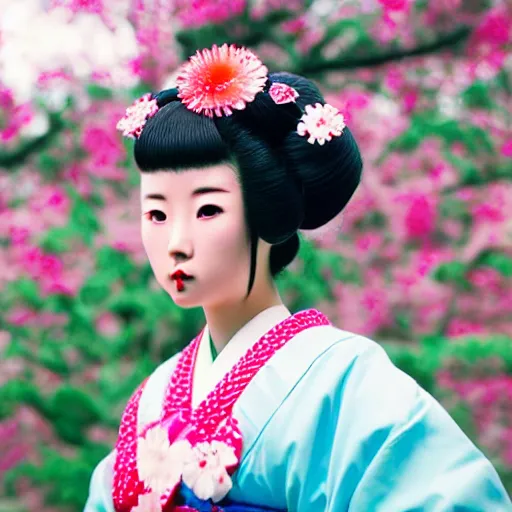 Prompt: 35mm macro shot of an adorable mesmerizing Geisha girl, with blushing red cheeks, with a futuristic braided hairstyle, black scribbles and wiggles, floral imposing background, lowbrow pop surrealism style