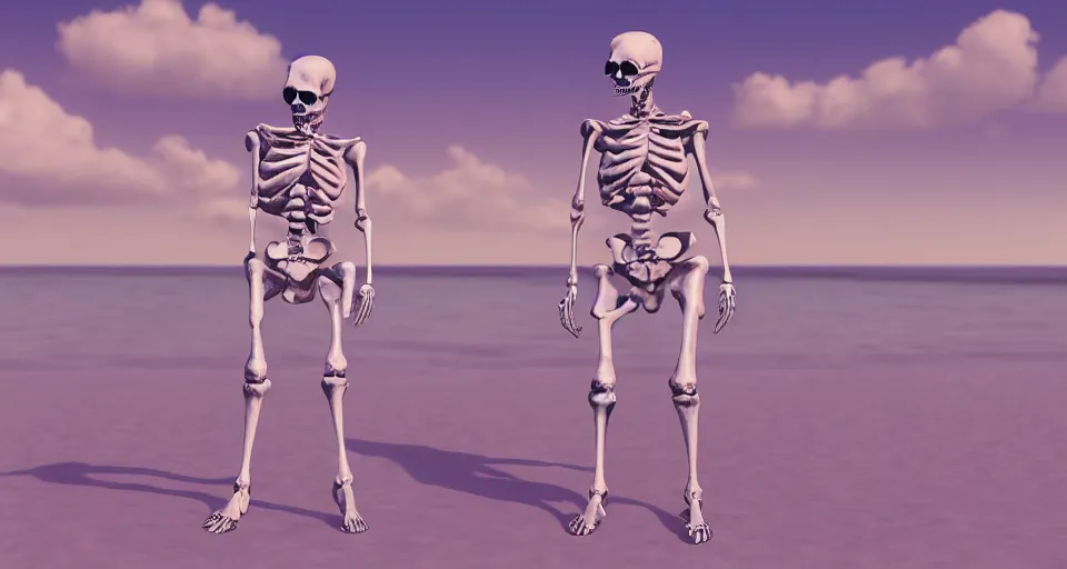 Prompt: fullbody vaporwave art of a fashionable skeleton at a beach, early 90s cg, 3d render, 80s outrun, low poly, from Hotline Miami