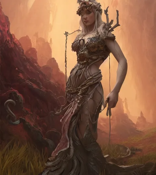 Image similar to demons, full dress, full body portrait, gentle, female, ruins landscape, d & d, fantasy, intricate, elegant, highly detailed, digital painting, red gold color palette, artstation, octane render, concept art, matte, sharp focus, illustration, hearthstone, art by artgerm and greg rutkowski and alphonse mucha