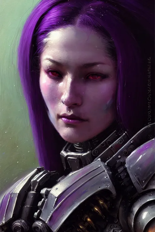 Prompt: extreme close up, facial portrait, woman with a long black ponytail in purple sci - fi armor, kitsune inspired armor, mechanical armor, warhammer 4 0 k, doom, cybernetic hands, stoic, grim dark, moody, portrait dnd, painting by gaston bussiere, craig mullins, greg rutkowski, yoji shinkawa