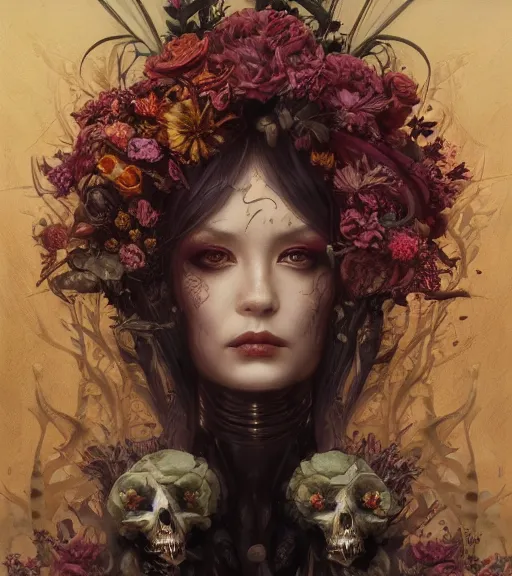 Prompt: portrait of the supreme queen of the dark cult, surrounded by skulls and overgrowth and dark flowers by WLOP, karol bak, James Jean, tom bagshaw, rococo, trending on artstation, cinematic lighting, hyper realism, octane render, 8k, hyper detailed.