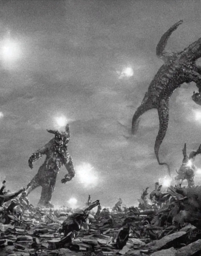 Image similar to a filmstill of a north korean monster movie, kaiju - eiga monster with starfish - arms trampling a traditional korean palace, foggy, film noir, epic battle, etheral, explosions, communist propaganda, communist epic thriller produced by kim jong - il, cinematography by akira kurosawa and tim burton, video compression