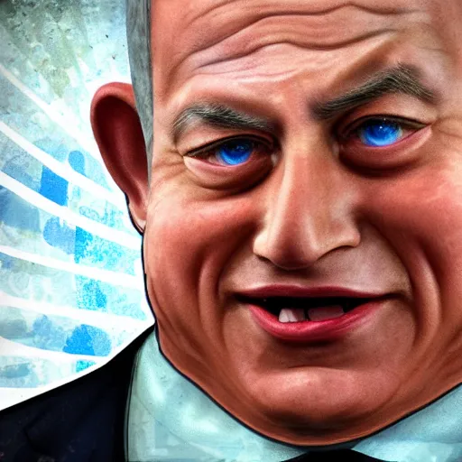 Image similar to benjamin netanyahu as a crying baby. garbage pail kids. digital painting, high detail, 8 k