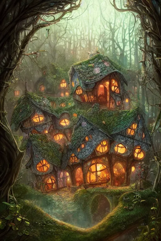 Image similar to a storybook illustration of a ramshackle multistory fairytale hut in the forest, intricate, elegant, fantasy, highly detailed, digital painting, concept art, sharp focus, artstation