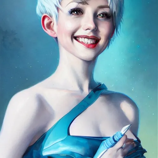 Image similar to a beautiful painting of a smiling woman with stylish short blue hair and sparkling blue eyes representative of the art style of artgerm and wlop and peter mohrbacher, portrait, kind smile