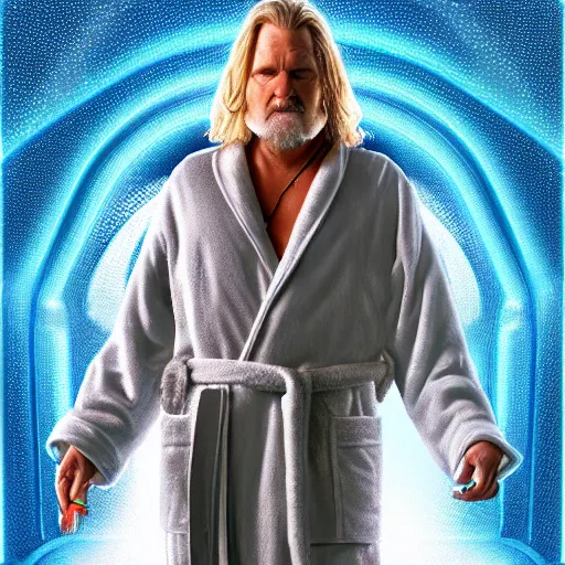 Image similar to dude lebowski dressed in bathrobe played by jeff bridges, stuck in tron realm, photorealistic movie still, detailed 8 k, poster style, high resolution