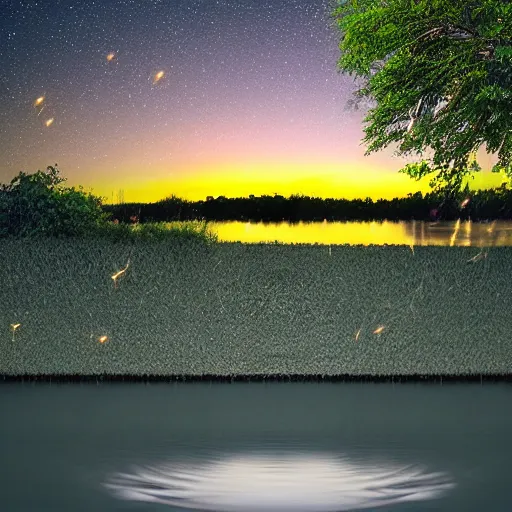 Prompt: lake at night, fireflies, n - 4