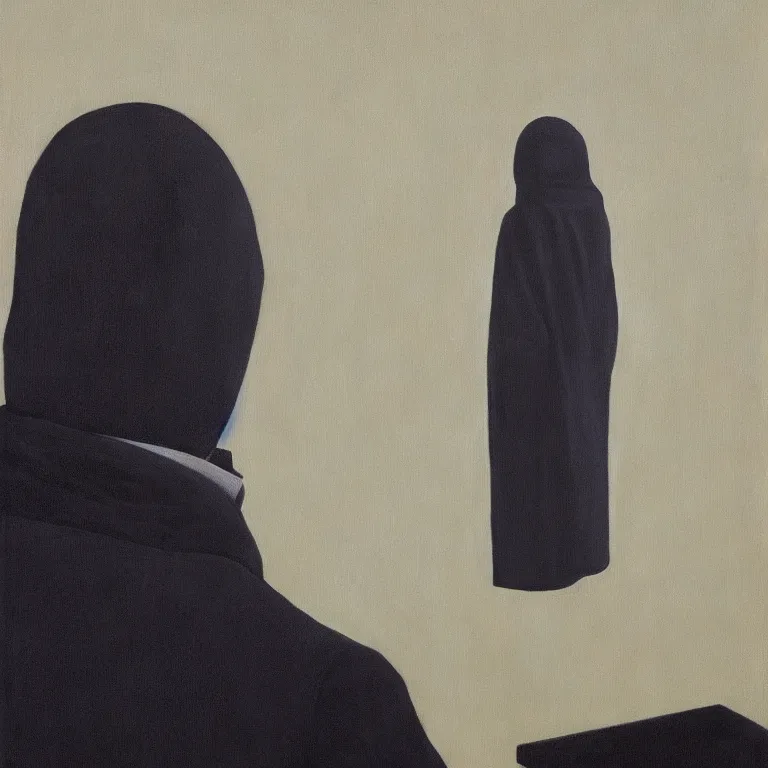 Prompt: portrait of a faceless hooded figure in a suit by rene magritte, detailed painting, distance, centered, hd, hq, high resolution, high detail, 4 k, 8 k