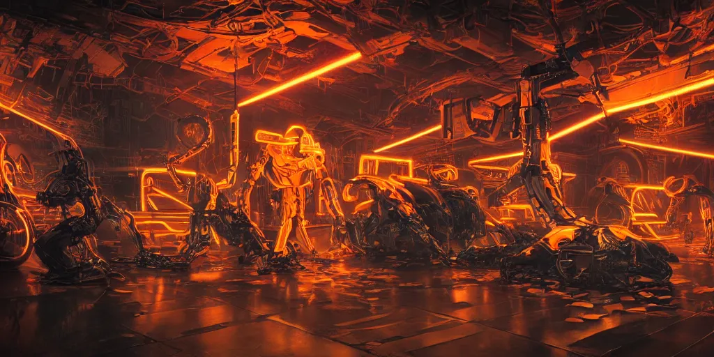 Prompt: futuristic neon lit scene of death of the money lenders, robot cyborgs, futuristic oil painting by rembrandt and jeff koonz, ( ( led panel screens and projections ) ), intricate details, ( ultra realistic ), dynamic lighting, black and orange colour palette, octane render
