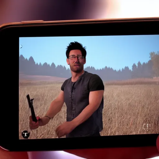 Image similar to Markiplier with a shotgun, photorealistic, cinematic lighting, shot on iphone