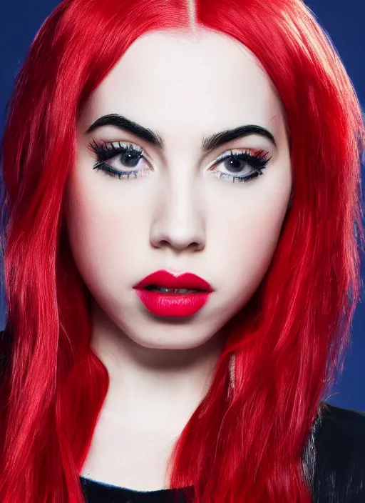 Image similar to ava max bright red hair photographed by charlotte rutherford, canon, highly realistic. high resolution. highly detailed. dramatic. 8 k. 4 k.