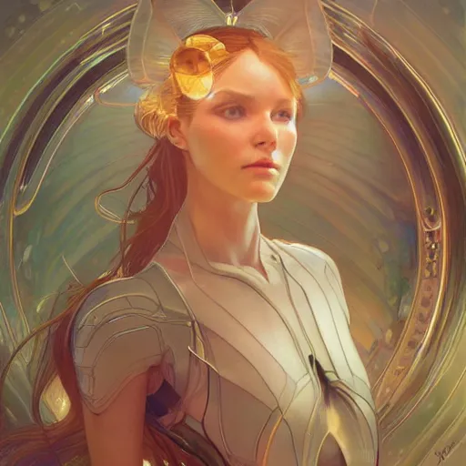 Image similar to portrait of a futuristic fairy, science fiction, smooth technology, smooth body, intricate, headshot, highly detailed, digital painting, artstation, concept art, sharp focus, cinematic lighting, illustration, art by artgerm and greg rutkowski, alphonse mucha, cgsociety