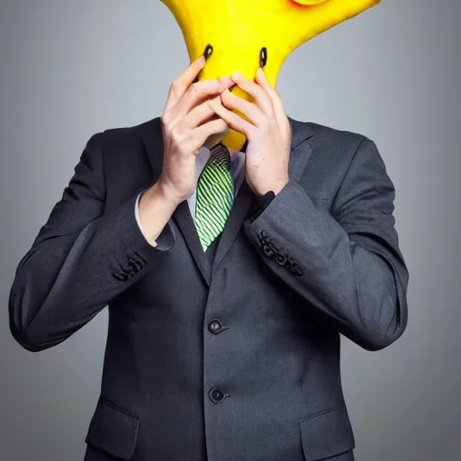 Image similar to a person with a banana head wearing a business suit