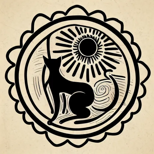 Image similar to tattoo sketch of a cat hugging the sun, on a canva, blackwork, ornamental, line art, vector,