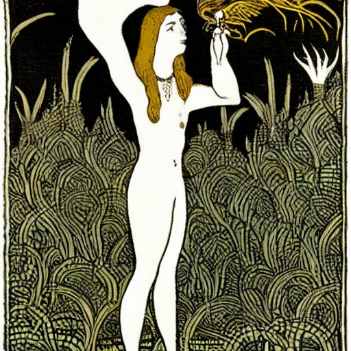 Image similar to Performance art. a woman is shown from behind, her body slightly blurred as if in motion. Her long hair cascades down her back, and she is holding a small bird in her hand. tonalism by Virginia Frances Sterrett earthy