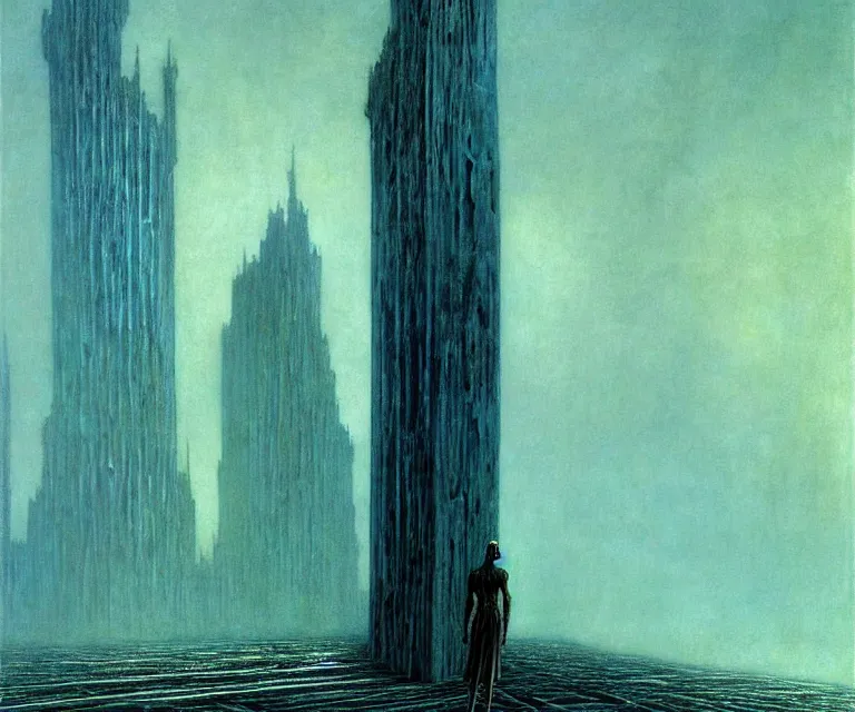 Image similar to tall man consisting of blue translucent shiny material and sparse metallic stripes, standing in ruins in the evening. extremely high details, realistic, fantasy art, solo, masterpiece, art by zdzislaw beksinski, arthur rackham, dariusz zawadzki