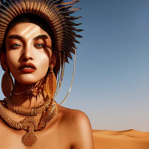 Image similar to giesha demon, innovative avant - garde art, deco fashion, asian desert nomad women, highly detailed, photorealistic portrait, serene desert setting, golden hour, crisp quality and light reflections, octane render