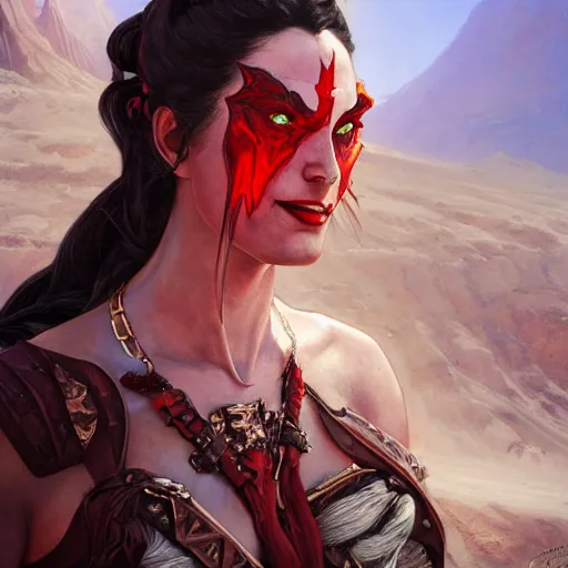 Prompt: portrait of a female berber tiefling with red skin, devil horns and black hair in a ponytail wearing a steel chestplate in a desert, fantasy, highly detailed, digital painting, artstation, concept art, character art, art by artgerm and greg rutkowski and alphonse mucha