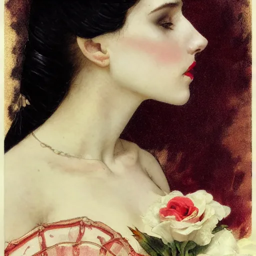 Image similar to side shot of a vampire princess, stern expression, head only, headshot, neck up, royalty, black hair, rose crown, pale skin, mouth slightly open, elegant, lifelike eyes, intricate, black background. by Stanley Artgerm Lau , greg rutkowski, thomas kindkade, alphonse mucha, loish, norman rockwell, J. C. Leyendecker. D&D, fantasy. Trending on artstation rule of thirds, detailed illustration, hd 4k