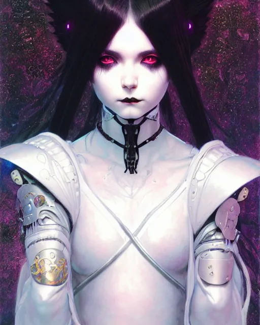 Prompt: portrait of beautiful cute young goth maiden with short white hairs in warhammer armor, art by ( ( ( kuvshinov ilya ) ) ) and wayne barlowe and gustav klimt and artgerm and wlop