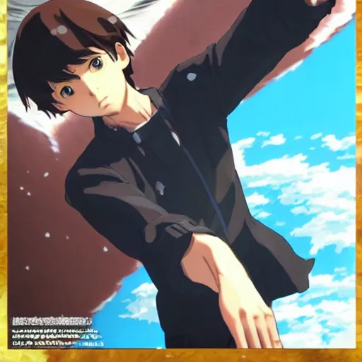Prompt: anime brown haired boy summons a tsunami with as gesture of his hands. makoto shinkai. kuvshinov ilya. shigenori soejima.
