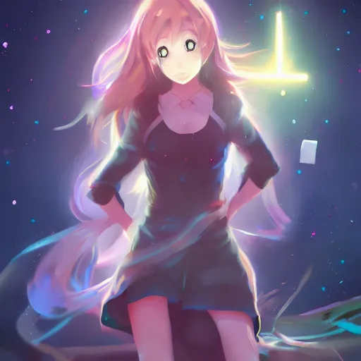 Image similar to anime, full body, bunny girl, a cute female reach out to camera, shooting star in background, long wavy hair, light and shadow effects, highly detailed, digital painting, art station, sharp focus, high quality, frontal view, illustration, concept art, wlop