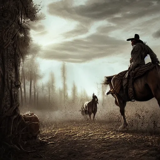 Image similar to a last stand of a cowboy, DeviantArt, art station, illustration, highly detailed, artwork, cinematic, hyper realistic