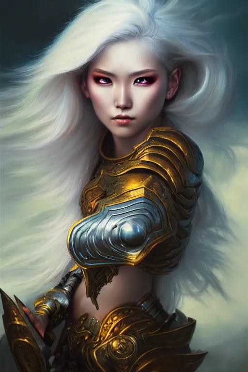 Image similar to oil painting, sakimi chan, white skin, fantasy armor, detailed face, dramatic lighting, tony sart, wind, lightning