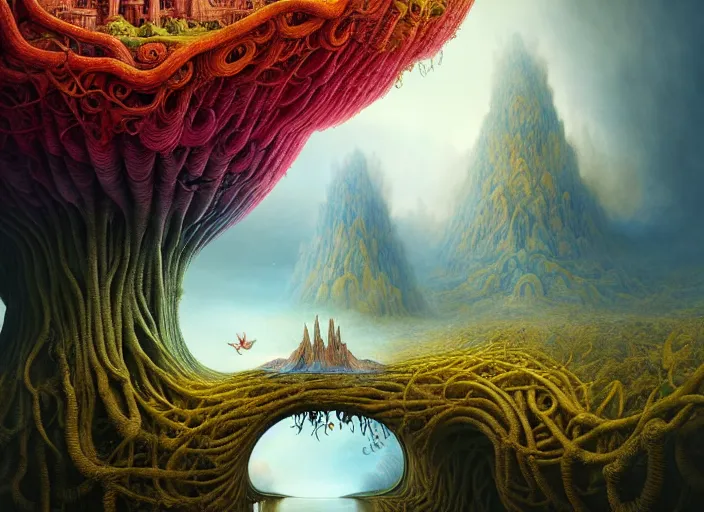 Image similar to a beguiling epic stunning beautiful and insanely detailed matte painting of the impossible winding path through imaginary worlds with surreal architecture designed by Giuseppe Arcimboldo, mega structures inspired by Heironymous Bosch's Garden of Earthly Delights, vast surreal landscape and horizon by Asher Durand and Cyril Rolando and Natalie Shau and Ernst Fuchs, colorful otherworldly trees, masterpiece!!!, grand!, imaginative!!!, whimsical!!, otherworldly, epic scale, intricate details, sense of awe, elite, wonder, insanely complex, masterful composition!!!, sharp focus, fantasy realism, dramatic lighting