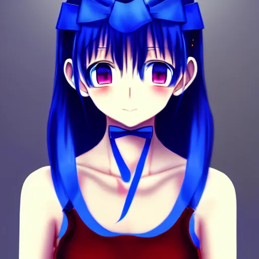 Image similar to 3d anime girl, wearing a tanktop, gorgeous face, blue eyes, ribbon in her hair, silver necklace, , high quality anime art, trending on artstation