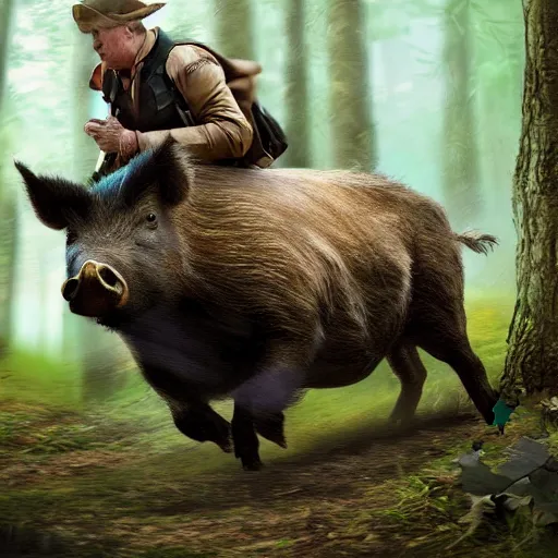 Image similar to donald trump riding a wild boar through the woods, digital art, highly detailed, cinematic lighting, epic composition