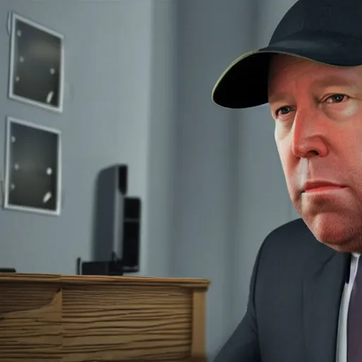 Image similar to hyperrealistic mixed media image of info wars alex jones at desk wearing hat, stunning 3 d render inspired art by xiang duan and thomas eakes and greg rutkowski, perfect facial symmetry, hyper realistic texture, realistic, highly detailed attributes and atmosphere, dim volumetric cinematic lighting, 8 k octane detailed render, post - processing, masterpiece,