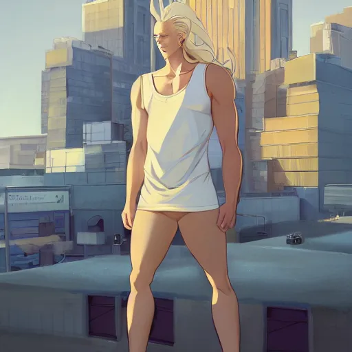 Image similar to portrait of the immensely towering male model Lucius Bjornsson with beautiful long pale blond hair, albino white pale skin, posing for a photoshoot in the golden hour, black tank top, broad shoulders and huge thick arms, ambient lighting, 4k, anime key visual, lois van baarle, ilya kuvshinov, rossdraws, artstation