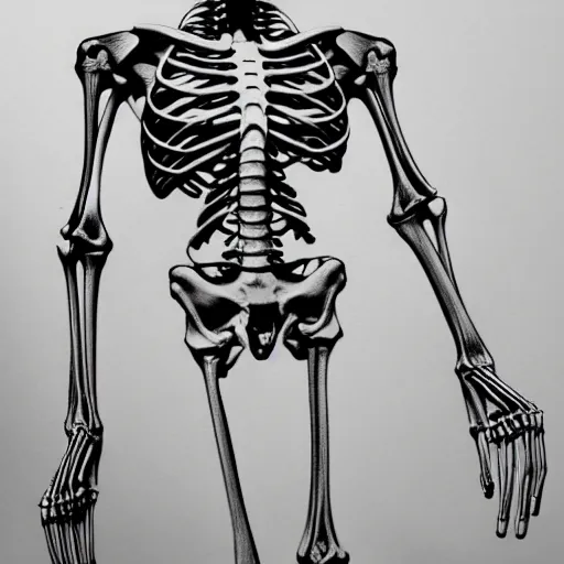 Image similar to a very detailed pencil drawing of an anatomically correct skeleton and muscular structure 4 k, high resolution, still, landscape, hd, dslr, hyper realistic, sketch