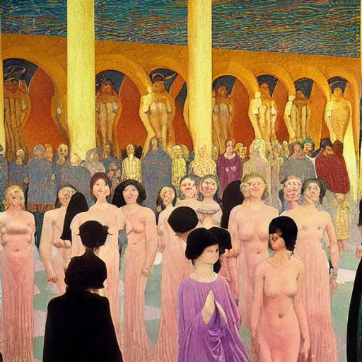 Prompt: a procession of women in a giant metaphysical temple, hyperrealistic film still by gottfried helnwein, by klimt, by paolo uccello, art nouveau, highly detailed, lights by edward hopper, liminal, eerie, metaphysical, bright pastel colors,