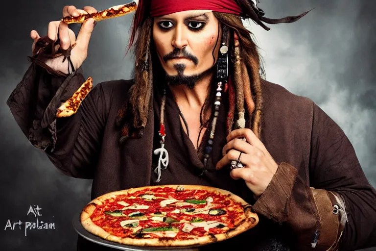 Image similar to Captain Jack Sparrow eating a delicious pizza, studio portrait, dramatic lighting, trending on artstation