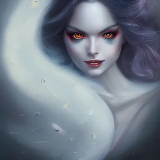 Prompt: A digital painting of a beautiful female vampire, art by Anna Dittmann, beautiful eyes, intricate, ethereal, dreamy, highly detailed, digital painting, Artstation, concept art, smooth, sharp focus, illustration,
