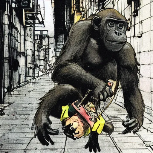 Prompt: a tight shot of a monkey dragging a doll in the street in Japan by Yoji Shinkawa and Ashley Wood, rule of thirds