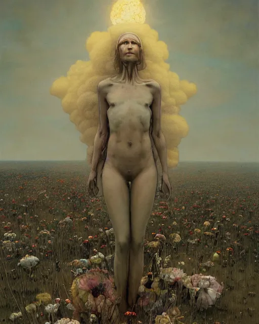 Prompt: A portrait of a woman wearing clothes made out of dying flowers, apocalypse, nuclear explosion in the background, Masterpiece, pure white skin, glowing, wires everywhere, by Edgar Maxence and Ross Tran, Zdzisław Beksiński, and Michael Whelan, distant, gustav dore, H.R. Giger, 8k, octane render