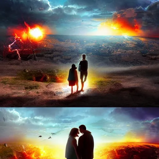 Prompt: a young couple watching a nuclear explosion, romantic, uplifting, happy, apocalytic detailed digital matte painting