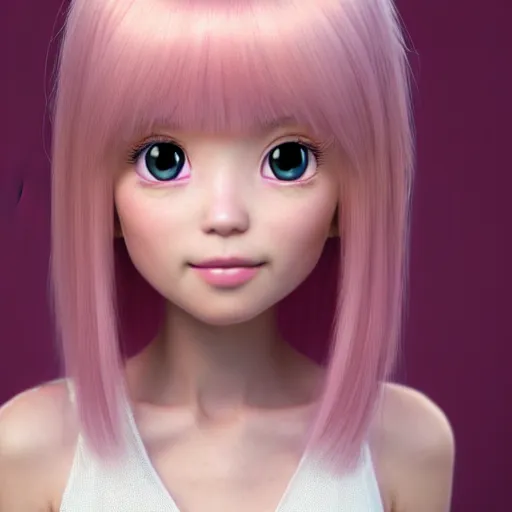 Image similar to A portrait of Nikki from Shining Nikki and Love Nikki, a cute 3d cgi toon young woman with long light pink hair, full bangs, hazel eyes, full round face, light makeup, pale skin, Chinese heritage, in the center midground, medium shot, mid-shot, hyperdetailed, 8k, trending on artstation, as a Pixar character