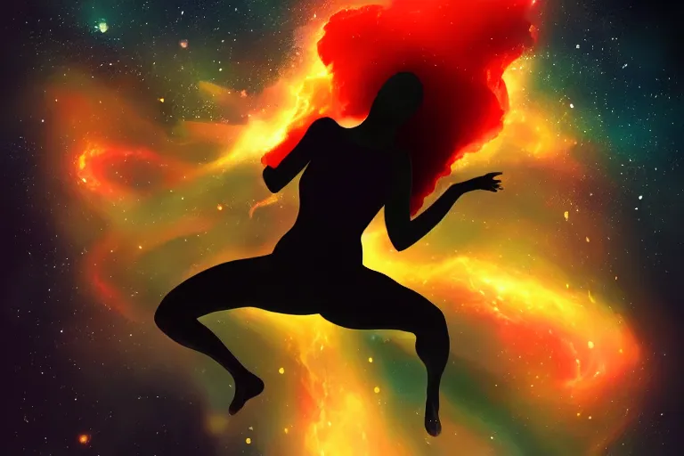 Prompt: silhouette of a girl floating up with limp arms and legs, long hair, she's exploding into incredible stars and nebula, dramatic digital painting, trending on artstation