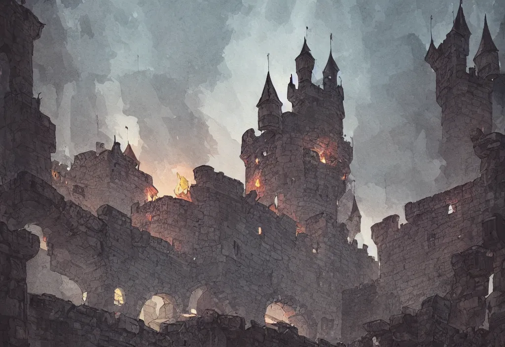 Image similar to handmade illustration of sieged small medieval castle, line art, ink, heavy brushstrokes, smoke and fire here and there, watercolor by Kilian Eng and by Jake Parker, winning-award masterpiece, fantastic, octane render, 8K HD Resolution, High quality image