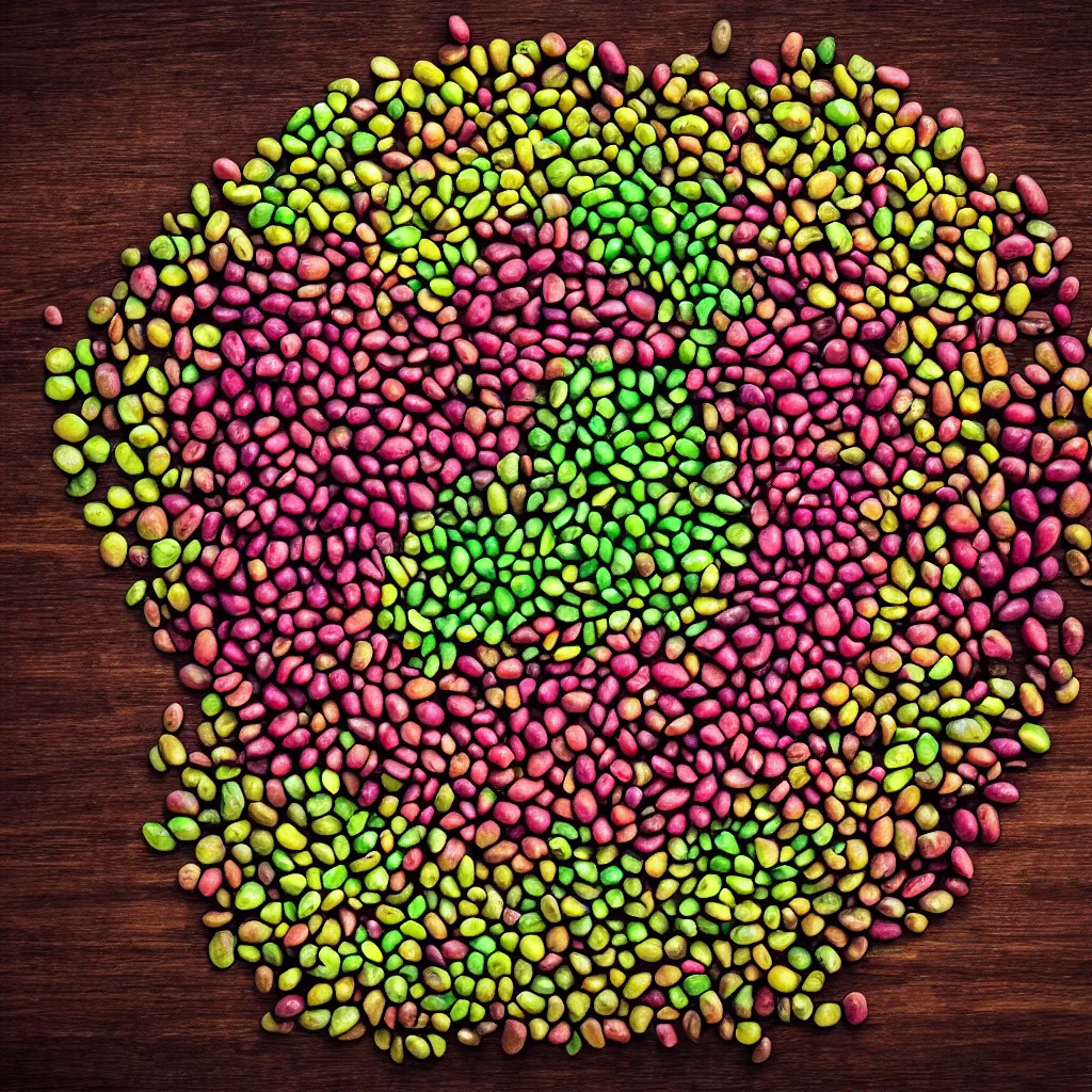 Image similar to large spiral of multicolor soy beans, with large leaves and fractal roots, over vivid dark wood table, food photography. super detailed. masterpiece