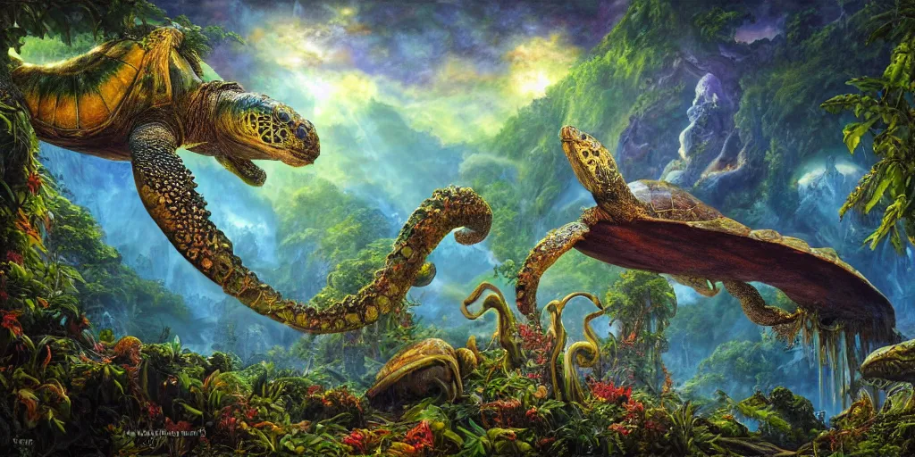 Image similar to fantasy oil painting, great leviathan, turtle cephalopod terrapin reptilian pachyderm amphibian hybrid, rainforest mountains, lush plants flowers, epic natural light, bright clouds, luminous sky, spacecraft, outer worlds, bright cinematic key lighting, michael cheval, michael whelan, vray, 8 k hd