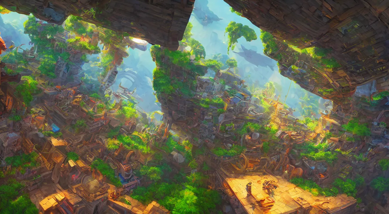 Image similar to open door wood wall fortress airship greeble block amazon jungle on portal unknow world ambiant fornite colorful radiating a glowing aura global illumination ray tracing hdr fanart arstation by sung choi and eric pfeiffer and gabriel garza and casper konefal