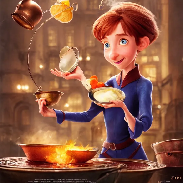 Image similar to beautiful cinematic fantasy poster of Remy from ratatouille throwing ingredients over a copper pot of soup art direction by Darius Zawadzki ;by artgerm; wayne reynolds art station; cinematic quality character render; low angle; ultra high quality model; production quality cinema model;