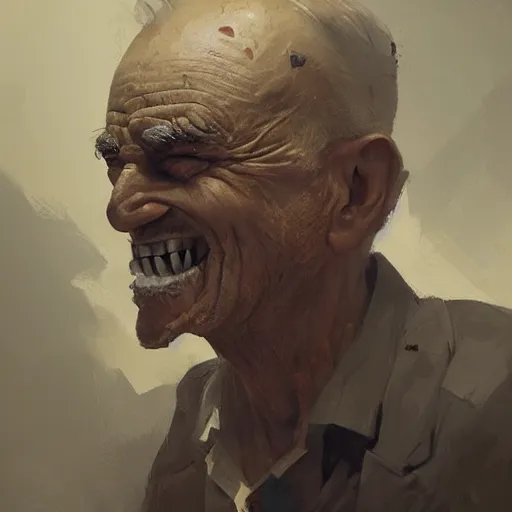 Image similar to old man portrait, grenade in his teeth, greg rutkowski art