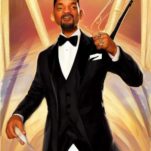 Image similar to will smith wearing a tuxedo, portrait, highly detailed, digital painting, artstation, concept art, sharp focus, illustration, art by artgerm and greg rutkowski and alphonse mucha